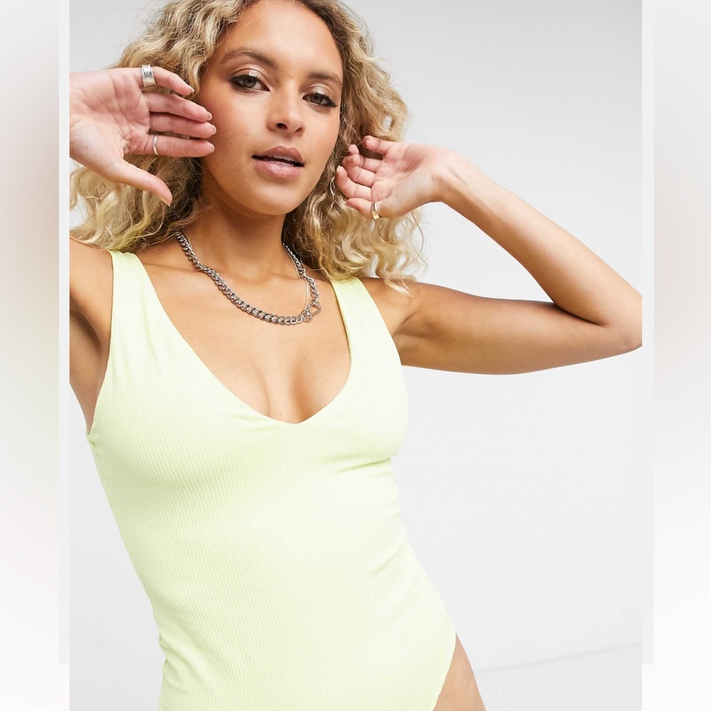 Bershka V-neck bodysuit in lemon yellow size S
